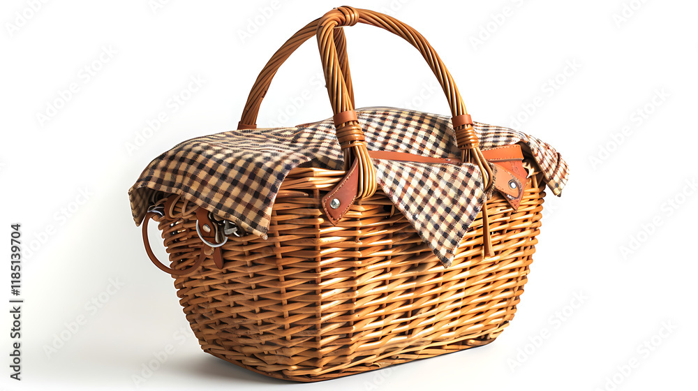 traditional picnic basket with handle and lid isolated on white ...