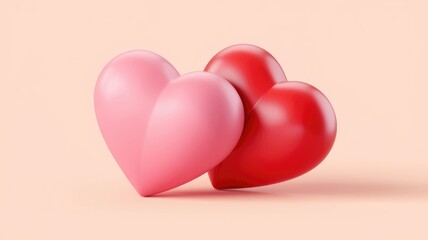 Fototapete - Two glossy hearts, pink and red, symbolize love and affection.