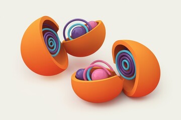 Fototapete - Abstract 3D rendering of two opened orange halves, revealing colorful inner spirals and spheres, representing a conceptual model.