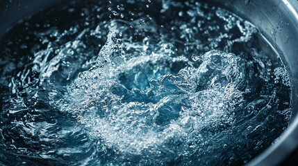 Poster - Water splashing in metal bowl creating bubbles and ripples