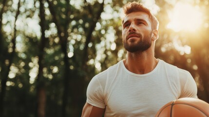 Wall Mural - Young man enjoys a sunny afternoon dribbling a basketball in the park