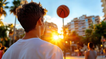 Wall Mural - Young man enjoys a sunny evening playing basketball in a vibrant park