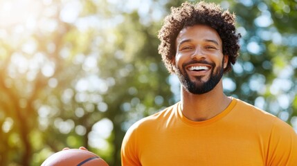 Joyful young man enjoying basketball in a sunny park setting