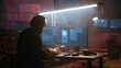 © DC Studio - Hacker using high tech computer system to run malicious code in foggy dark basement. Rogue programmer committing illegal activities using PC in neon illuminated criminal hideout, camera A