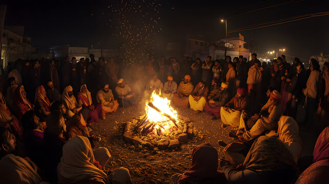 Lohri festival celebration in India with a bonfire and people dancing around it