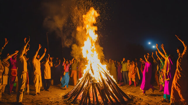 Lohri festival celebration in India with a bonfire and people dancing around it