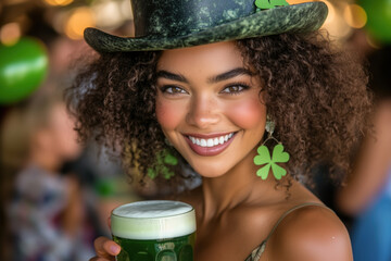 Smiling woman in green hat holding a beer for Saint Patrick's Day.