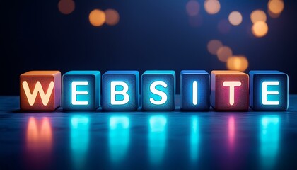  英語のフレーズWEBSITEの文字が書かれた光るキューブブロック。 aiで生成