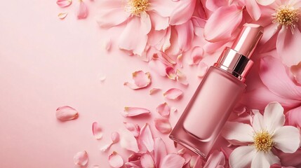 Pink perfume bottle lying on pink petals and flowers