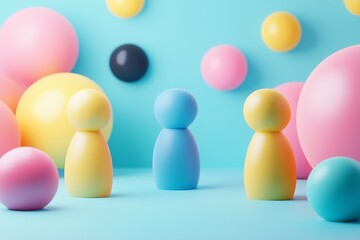 Fototapete - Three colorful figures standing on a platform with a speech bubble above them