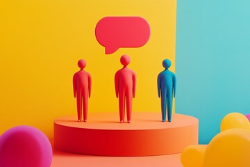 Fototapete - Three colorful figures standing on a platform with a speech bubble above them