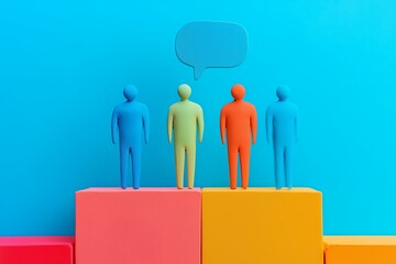 Fototapete - Three colorful figures standing on a platform with a speech bubble above them