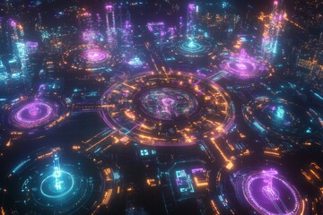 Poster - Futuristic Digital Cityscape at Night with Glowing Neon Lights Representing Advanced Technology and Innovation in a Metropolis Setting