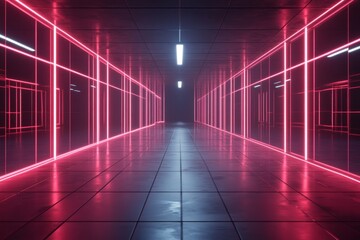 Poster - Futuristic Neon Corridor with Bright Pink Lights and Reflections on the Floor Creating a Sci-Fi Atmosphere for Creative Projects and Designs