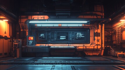 Poster - Futuristic sci-fi interior of a high-tech research facility with glowing lights and intricate machinery, showcasing advanced technology in a dark environment