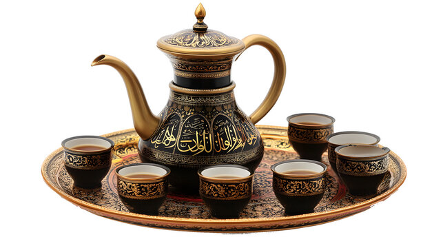 traditional Islamic coffee pot (Dallah), intricately designed with Arabic calligraphy and gold accents