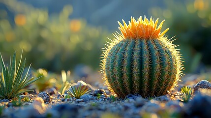 Wall Mural - Golden hour sun illuminates a spherical cactus with orange blossom in a desert landscape.