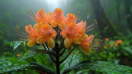 Wall Mural - Close-up of vibrant orange rhododendron blossoms covered in dew, set against a misty green forest background.