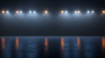 Poster - Spotlights illuminating dark foggy background with reflective floor
