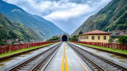 Mountain railway tunnel with bridge.