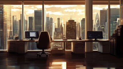 Poster - Modern office interior with large windows showcasing a breathtaking city skyline view at sunset, featuring sleek furniture, computer screens, and vibrant lighting for inspiration.