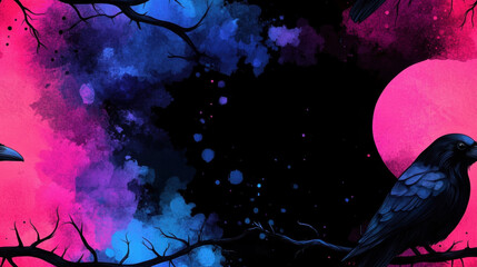 seamless pattern, a vibrant, abstract illustration featuring dark silhouettes of ravens against a co