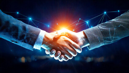 Poster - Dynamic handshake image depicting a powerful business connection, symbolized by glowing network lines. 