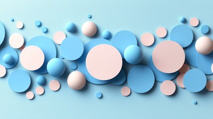 Wall Mural - Abstract pastel blue and pink circles and spheres on light blue background.