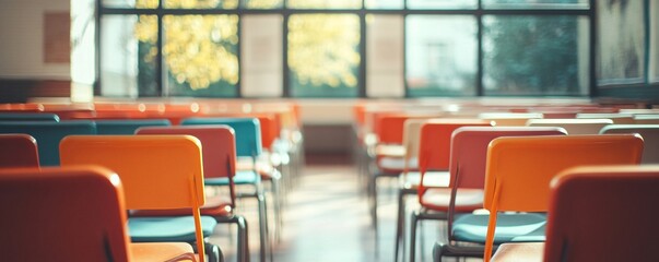 Aufkleber - Empty chairs in a bright classroom await students