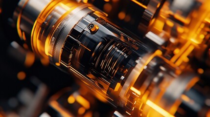 Poster - Futuristic engine rotating with orange light trails: complex mechanism in motion