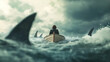 © Pukan - A lone figure in a boat navigates choppy waters surrounded by ominous shark fins under a stormy sky, creating a tense, dramatic atmosphere.