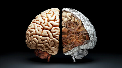 Poster - A split brain image, showcasing a realistic brain on one side and a mechanical, digital representation on the other, symbolizing the blend of biology and technology.