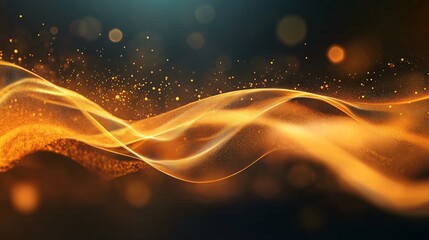 Poster - Golden particles flowing and forming abstract wave on dark background