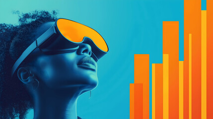 Aufkleber - A person wearing VR goggles looks upward, surrounded by colorful bar graphs, symbolizing innovation and technology.
