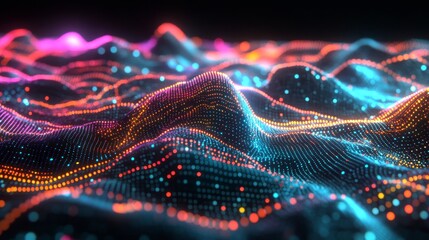 Aufkleber - Vibrant Abstract Digital Landscape with Colorful Lines and Dots, Depicting Modern Technology and Futuristic Visualization of Data Waves in an Artistic Style