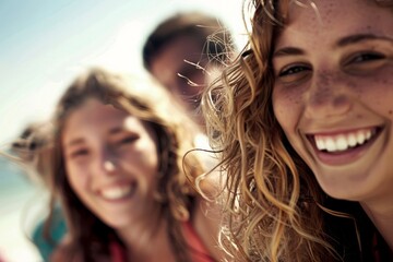 Wall Mural - Portrait of group of friends having fun on the beach, smiling