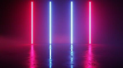 Poster - Vibrant Neon Light Effect with Colorful Blue and Pink Vertical Strips Reflecting on Wet Floor in a Dark Ambient Setting Ideal for Artistic Backgrounds