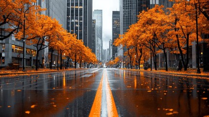 Contemporary fall-themed cityscape, showcasing cozy streets with modern buildings and lush autumn foliage for a warm, urban look