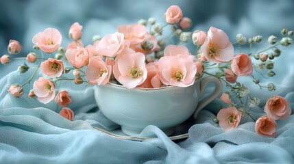 Wall Mural - Delicate peach blossoms in a light blue teacup on a soft blue fabric.