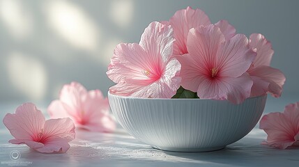 Wall Mural - Delicate pink flowers in a white bowl, soft light.