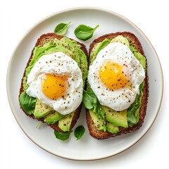 two avocado toasts topped with poached eggs and spinach on a plate.