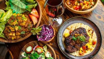 Sticker - A delicious meal with grilled steak, pineapple salsa, and red wine.