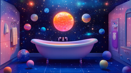 Wall Mural - Space odyssey kids bathroom with planet tiles, starshaped bathtub, and cosmic background. starshade. illustration. Starshade. Illustration