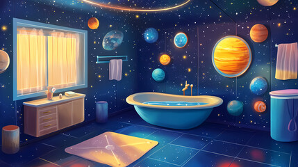 Wall Mural - Space odyssey kids bathroom with planet tiles, starshaped bathtub, and cosmic background. starshade. illustration. Starshade. Illustration