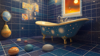 Wall Mural - Space odyssey kids bathroom with planet tiles, starshaped bathtub, and cosmic background. starshade. illustration. Starshade. Illustration