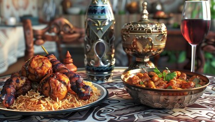 Poster - A traditional Middle Eastern meal with grilled chicken, rice, and a bowl of stew, served with a glass of red wine.