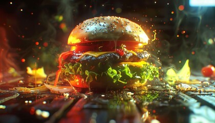 Sticker - A juicy cheeseburger with melted cheese and ketchup drizzled on top, surrounded by fire and smoke.