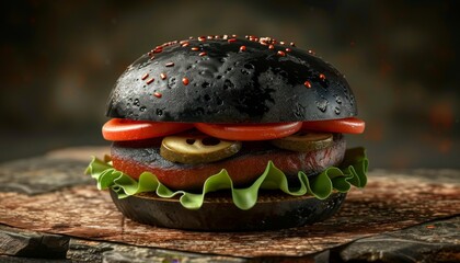 Sticker - Black burger with lettuce, tomato, pickles, and a black bun.