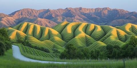 Canvas Print - Stunning Green Rolling Hills and Majestic Mountains Landscape at Sunrise - Serene Nature Scene with Winding Road - Perfect for Nature Photography and Travel Inspiration