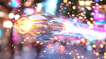 Poster - Futuristic spaceship speeding through vibrant city lights at night, leaving a glowing trail.